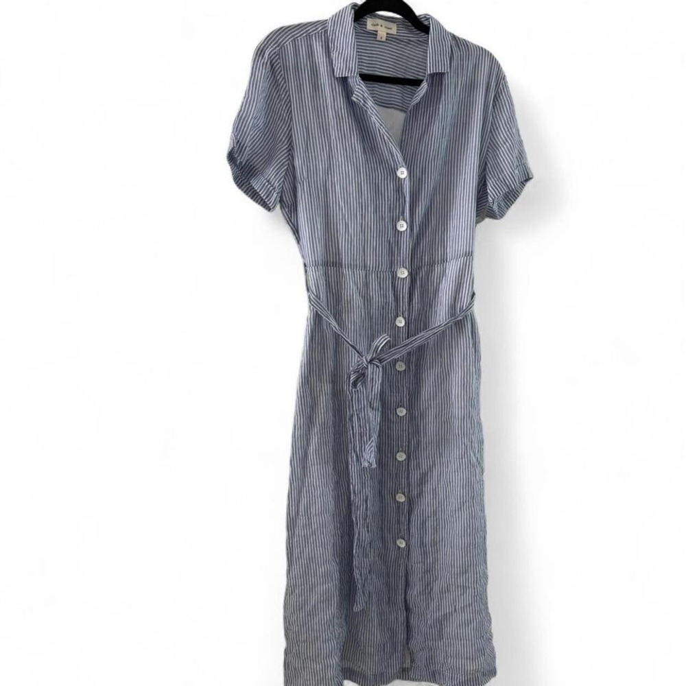 Cloth & Stone Stripe Blue Midi Dress with Waist Tie Cotton Lyocell Tincell Blend